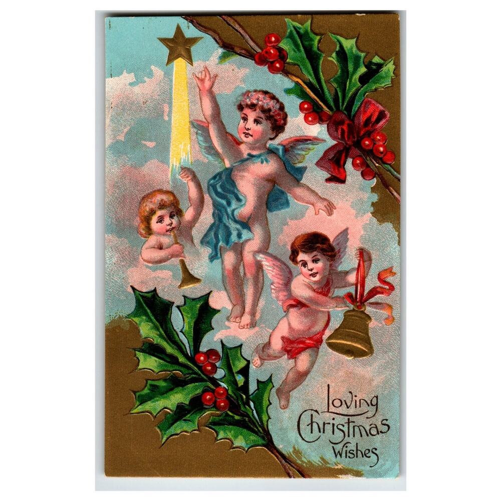 Embossed Christmas Cherubs Holly Star Bell Postcard Loving Wishes USA
